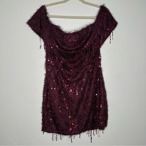 Off-Shoulder Burgundy Sequin Mini Dress